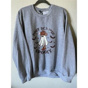 cozy ‘Boot Scootin' Spooky’ grey cowboy ghost crewneck sweatshirt
